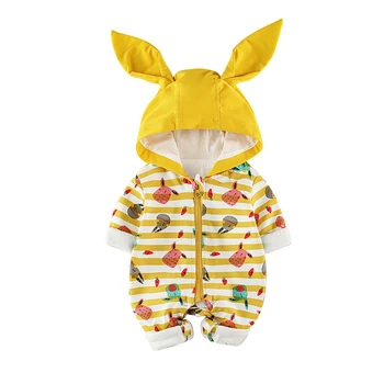 

Autumn Winter Cartoon Print Hooded Newborn Kids Baby Boys Girls Bodysuit Clothes Outfit Rabbit Ears printing Overalls