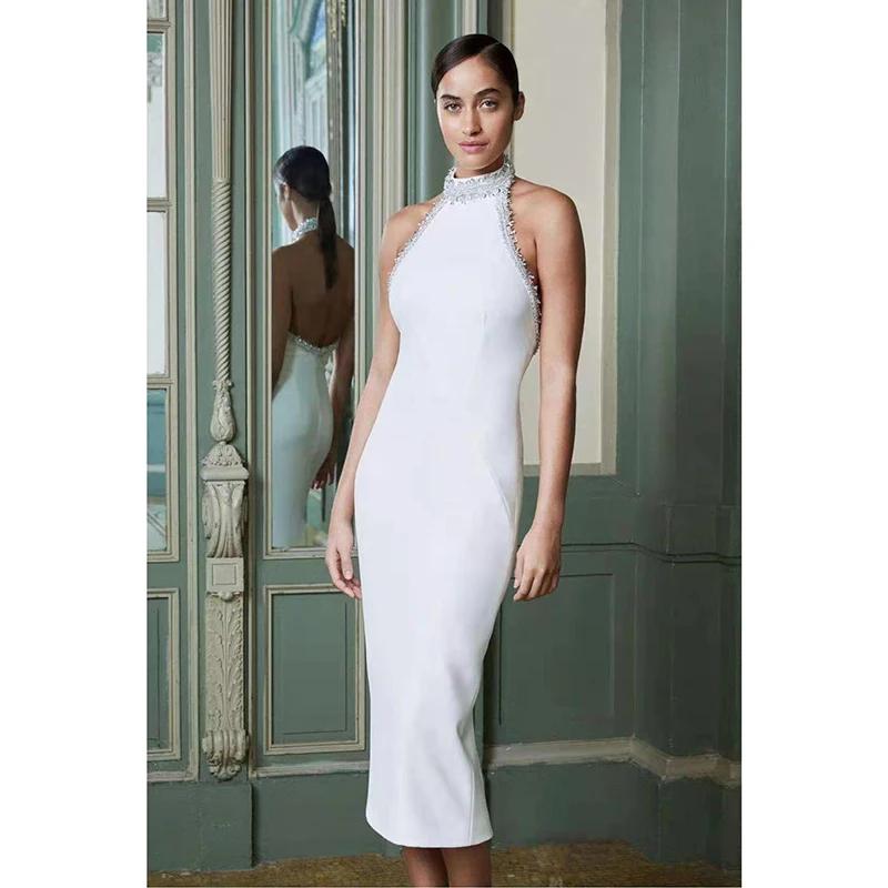 

Beading Sexy Halter White Dress Sleeveless Women Summer Casual Slim Long Party Dress 2021 Femme French Vestidos Robe 30272