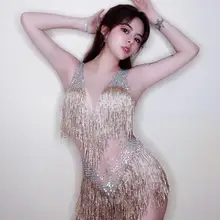 Блестящие разноцветные камни прозрачный золотой с бахромой боди праздновать танец наряд бар для женщин певица Пром кисточкой одежда