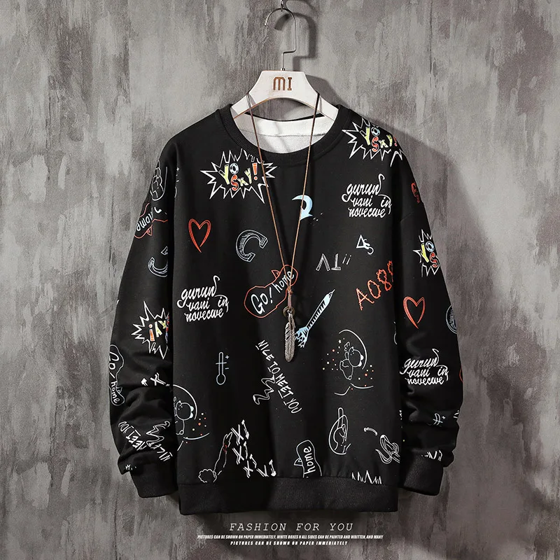

New Hand drawn element Men Swearshirts Hip Hop Man Street sports 2019 Autumn Warm Text letter Black Sweatshirts plus large size