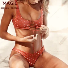 Sexy High Waist Polka Dot Orange Print Bikini Women's Halter Bandage Bra Thong Bikini Set Swimsuit Two-piece Beach Swimwear