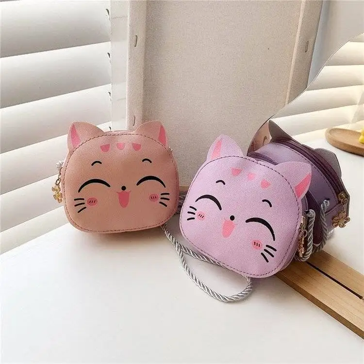 Mini bolso de hombro de cuero PU para niña, bandolera pequeña, monedero de gatos de dibujos animados