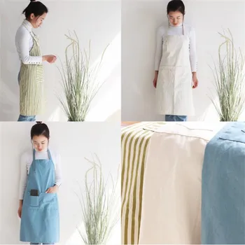 

New Brief Nordic Wind Washed Cotton Linen Cooking Kitchen Apron For Woman Flower Shop Smock Bib Strap Dress