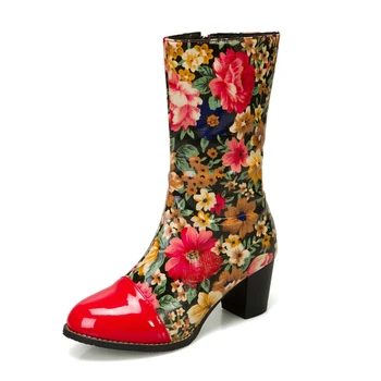 

Winter Floral Printed Mid Calf Boots Fashion Sexy Ladies Outside Super High Heels Pointed Toe Women Party Shoes Drop Shipping