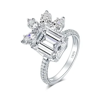 

QYI 925 Silver 4.0 Ct Emerald Cut Flower Engagement Ring SONA Simulation Diamond Wedding Silver Ring Snow Ice Flower Design