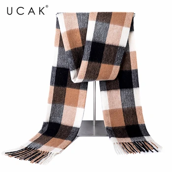 

UCAK Brand Autumn Winter Warm Scarfs Soft Men Women Casual Plaid Pure Wool Scarf Shawl Wrap Knit Long Striped With Tassel A20