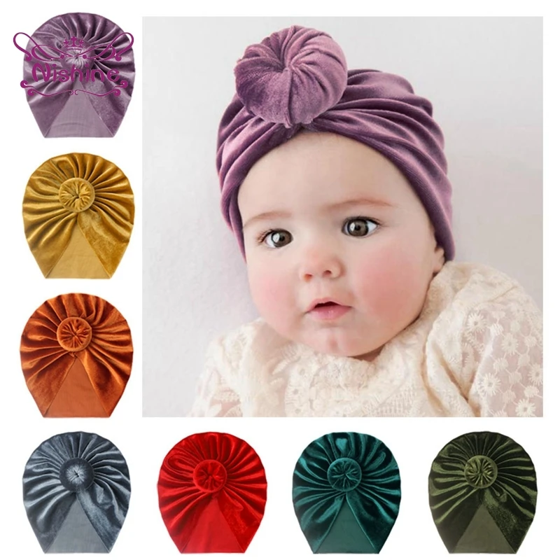 

Nishine Soft Skin-friendly Warm Gold Velvet Infant Hat Solid Color Handmade Donut Baby Caps Clothing Decoration Kids Accessories