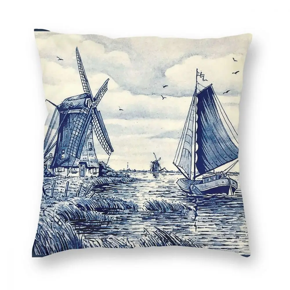 

Dutch Blue Delft Vintage Sailboat Windmills Print Square Pillow Case Polyester Cushions for Sofa Creative Pillowcase