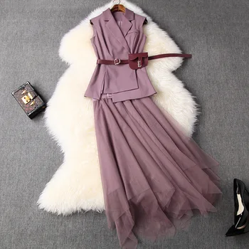 

2020 Summer Women Notched Sleeveless Vest Blazer Office Sashes Jacket+Elastic Waist Irregular Mesh Skirt Set 2-Pieces Outfits