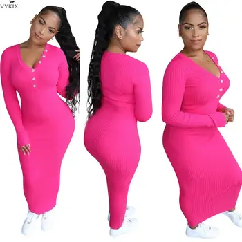 

Sexy Bodycon Dress Women Long Sleeve V-neck Ribbed Solid Autumn Elegant Sheath Maxi Dresses For Women Vestidos Robe Femme