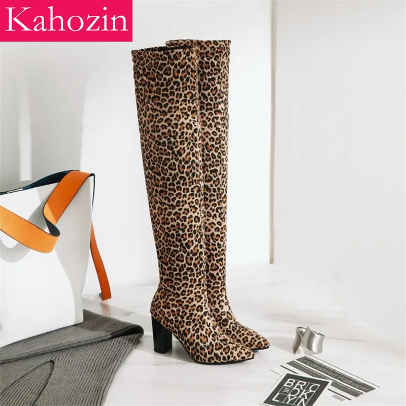 

Kahozin Over The Knee Boots Women Shoes suede Pointed Toe square heel 8CM slip-on black Leopard winter woman shoes size34-43