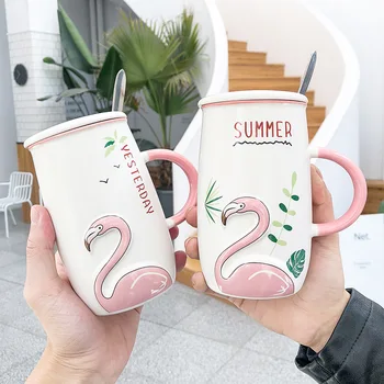 

Cartoon Relief Flamingo Ceramic Coffee Mug Set with Lid Spoon Home Milk Breakfast Cup 520ml Office Business Water Mugs for Women