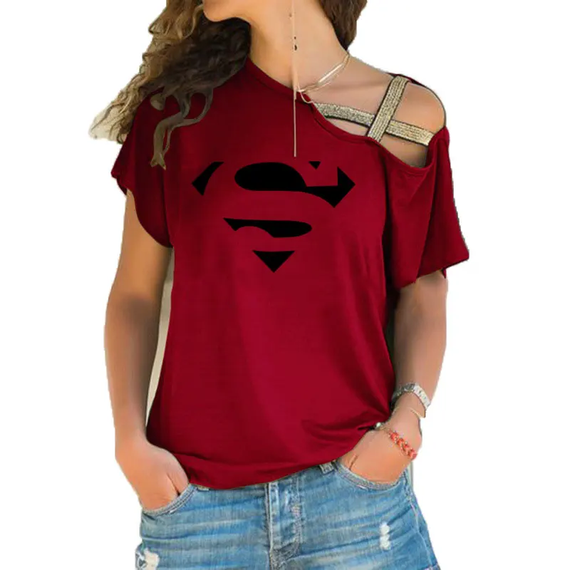Новинка; летнее платье «Супермен» серии кавайная одежда, с героями мультфильмов, Футболка женская мода Топы Горячая Распродажа асимметричное, с короткими рукавами косой крест футболка - Цвет: 8