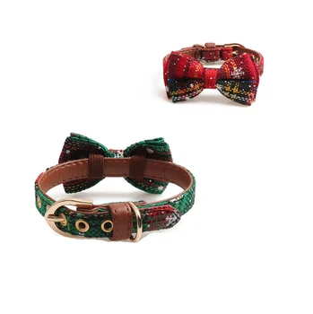 

Wholesale Dog Collars Leashes Christmas snowflake Pet Collar Bandanas Quality Dog Bowtie Collar Gold Buckle Pet Product Collars