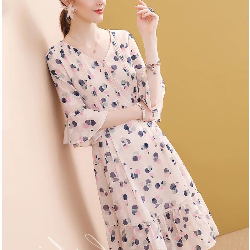 

Spring Clothing Printed Polka Dot Waist Hugging Bell Sleeve Dress Women's Mid-length 2019 New Style Popular Skirt
