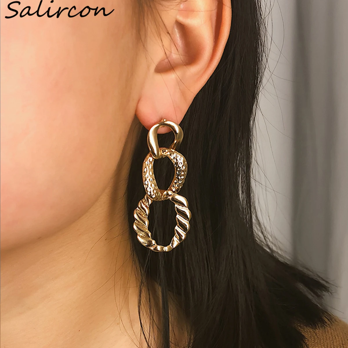 

Salircon Geometric Drop Earring Fashion Gold Sliver Alloy Women Irregular Cutout Twisted Earrings Girls Rock Party Jewelry New