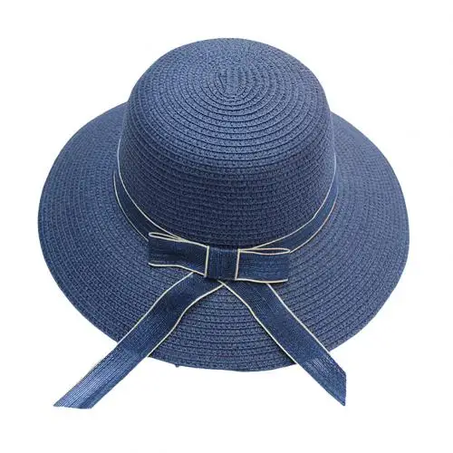 Navy Blue Женская летняя Складная широкая бант Края Лента соломенная широкополая шляпа пляжная солнцезащитная Кепка для дам шляпа аксессуары солнцезащитные шляпы кепки - Цвет: Navy Blue