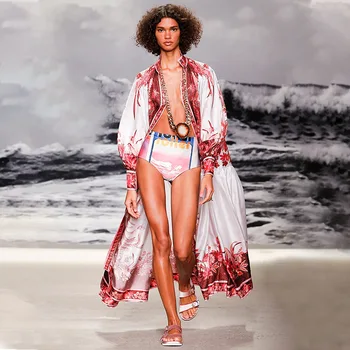 

New American brands new fashion printing stand collar tie in autumn waist closing irregular big swing dress female