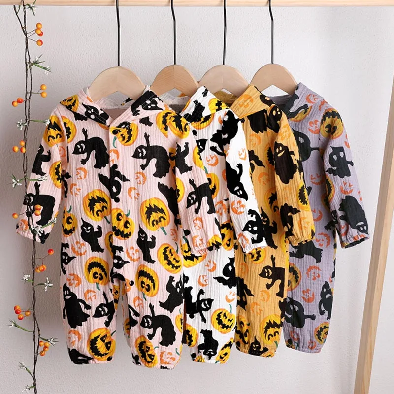 

Spring Autumn Infant Baby Boys Girls Cotton Long Sleeve Halloween Style Romper Casual Pumpkin Printing Comfortable Hooded Romper
