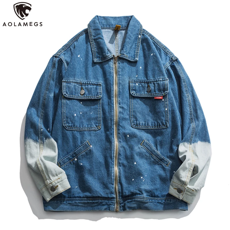 

Aolamegs Men's Denim Jackets Polka Dot Graffiti Coat Casual Vintage Windbreaker High Street Streetwear Harajuku Gradient Outwear