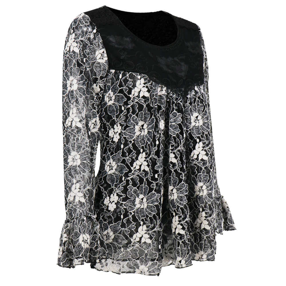 Yitonglian Women\'s Elegant Delicate Silver Floral Lace Flare Sleeve Loose Blouse Plus Size Tops for Party Business H415B