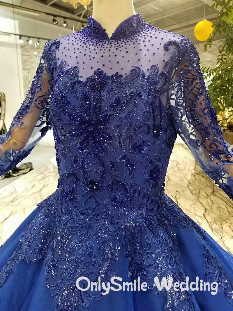 Королевский синий Свадебные платья Robe De Mariage принцесса с длинным рукавом Тюль с бусами Жемчуг Кристалл роскошные свадебные Abiti Da Sposa