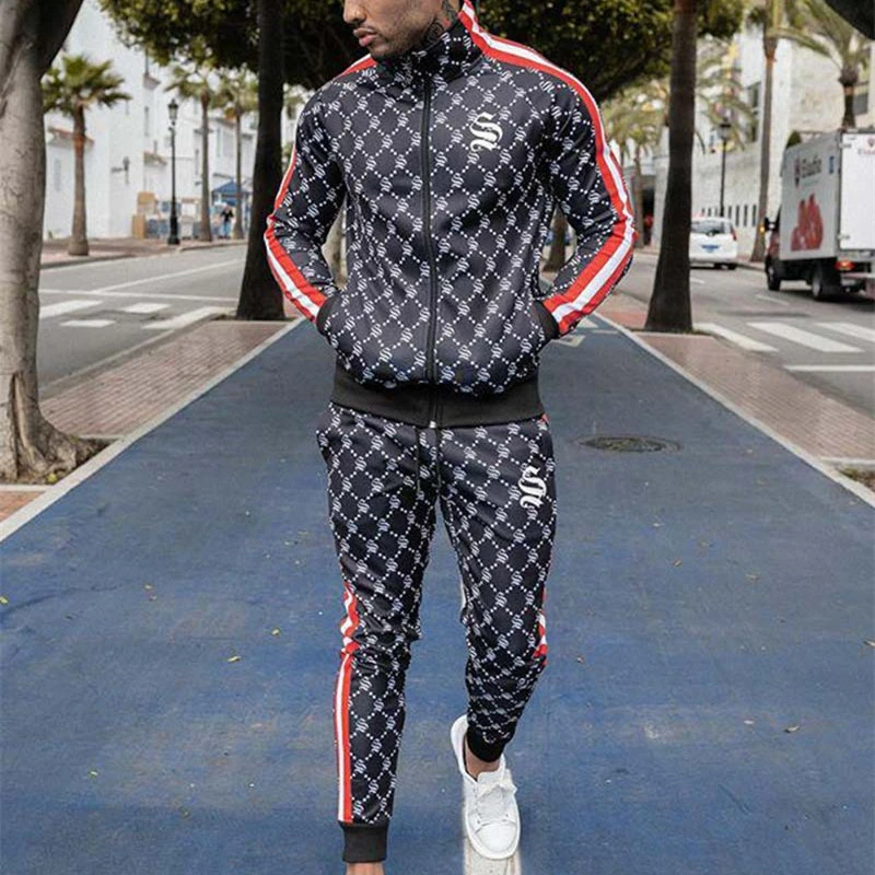 Sportsuits Set Men 2019 Brand Fitness Suits autumn Men Set Long Sleeve stripe Hoodies+Pants Gyms Casual Sportswear Suit