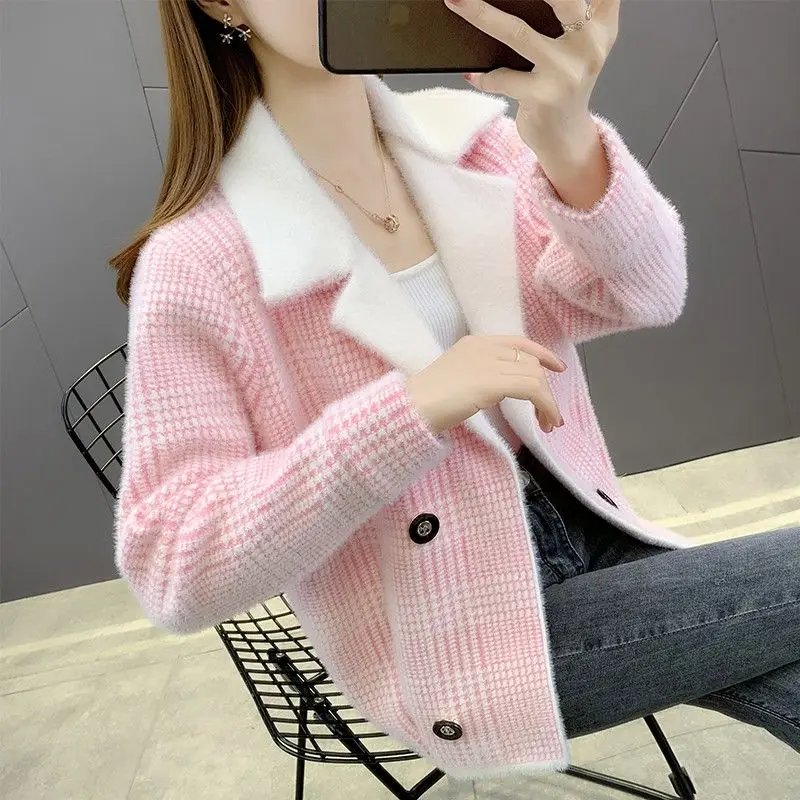 

Women's Imitation Mink Velvet Coat Jacket 2021 Autumn Winter V-neck Cardigan Ladies Short Jacket Female All-match Fashion Tops