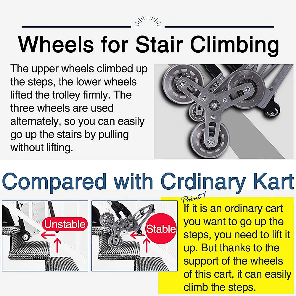 150KG All Terrain Stair Climbing Cart Hand Truck with Bungee Cord Folding Trolley for Upstairs Cargo with Storage Bag
