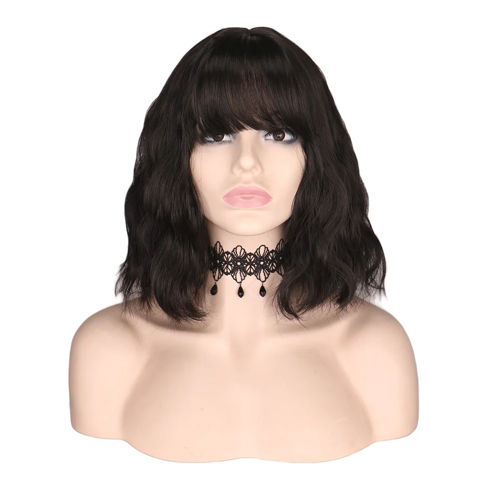 

QQXCAIW Short Curly Bangs/Fringe Wig Women Female Natural Black Heat Resistant Synthetic Hair Wigs Cosplay Party