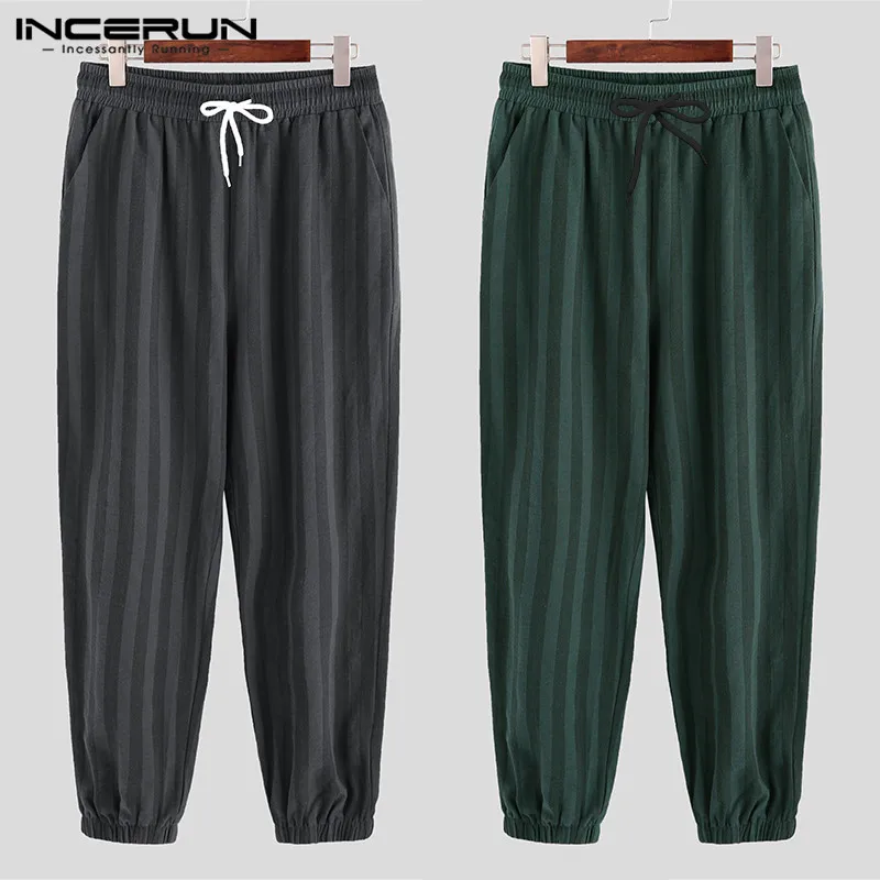INCERUN Loose Men Pants Wide Legs Stripe Print Drawstring Baggy Harem Trousers Mens Hip-hop Joggers Elastic Waist Sweatpants