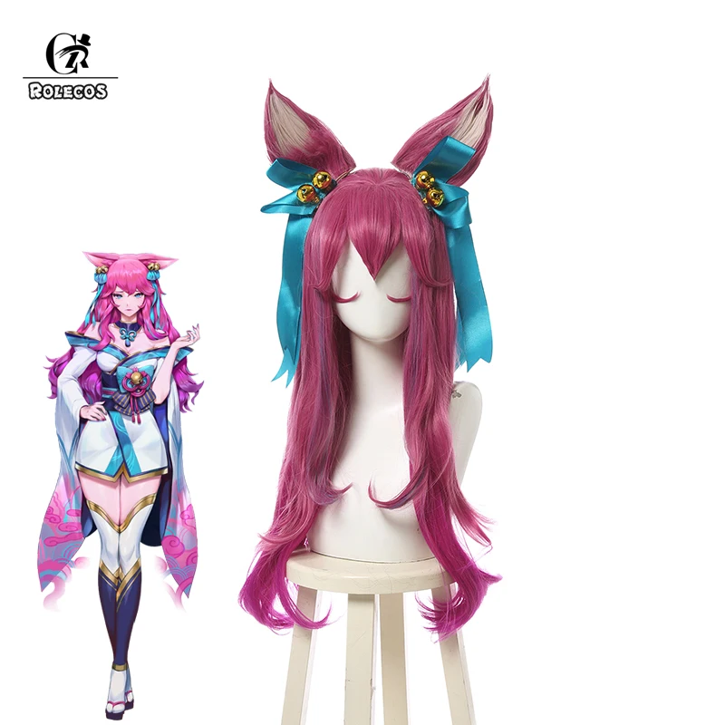 

ROLECOS LOL Spirit Blossom Ahri Cosplay Wig LOL Cosplay Game Ahri Wig Gradient Rose Red Loose Wave 70CM Women Halloween Headwear