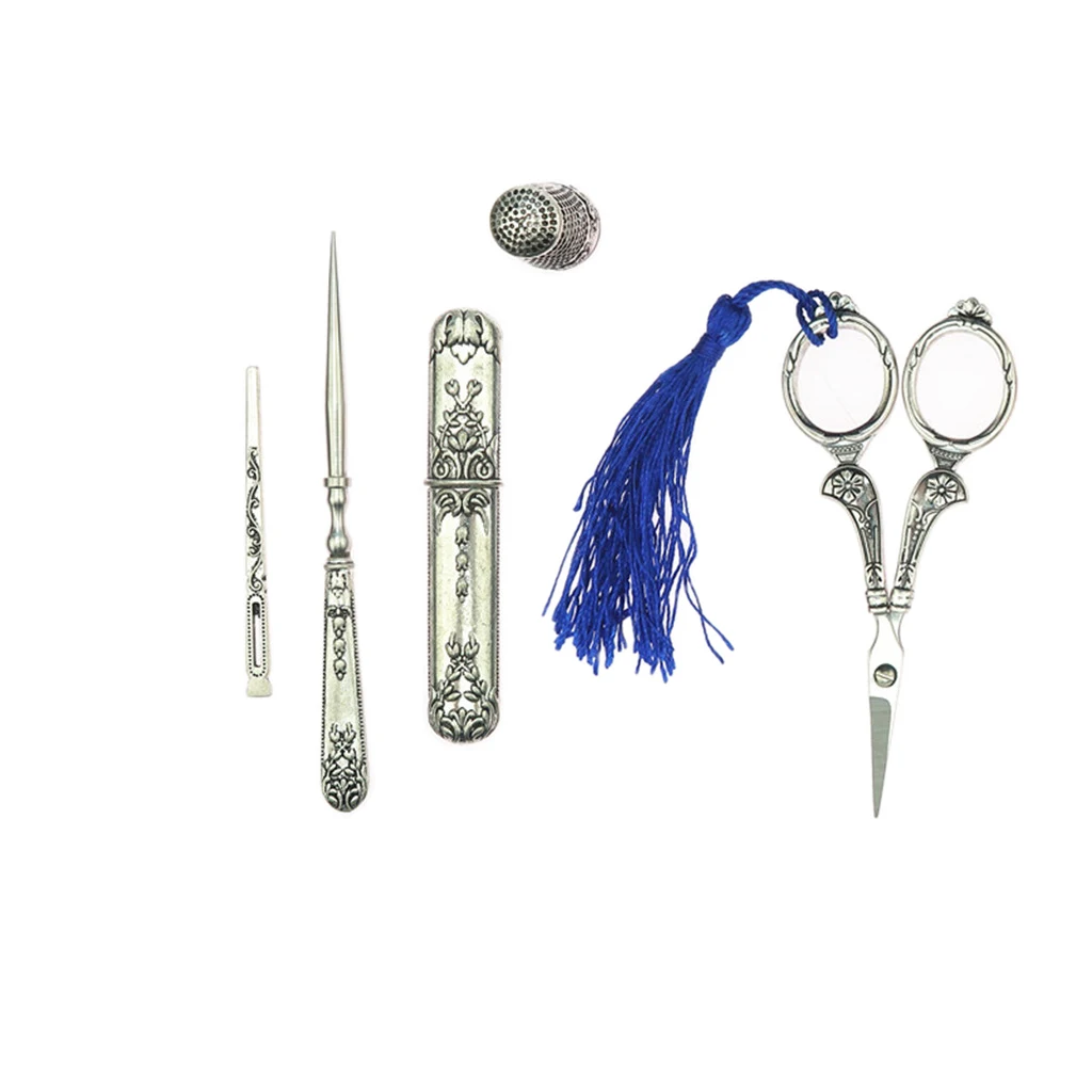 1 Set Antique Silver Embroidery Scissor Case Sewing Thimble Awl Tools Needle Case Threader for Sewing and DIY