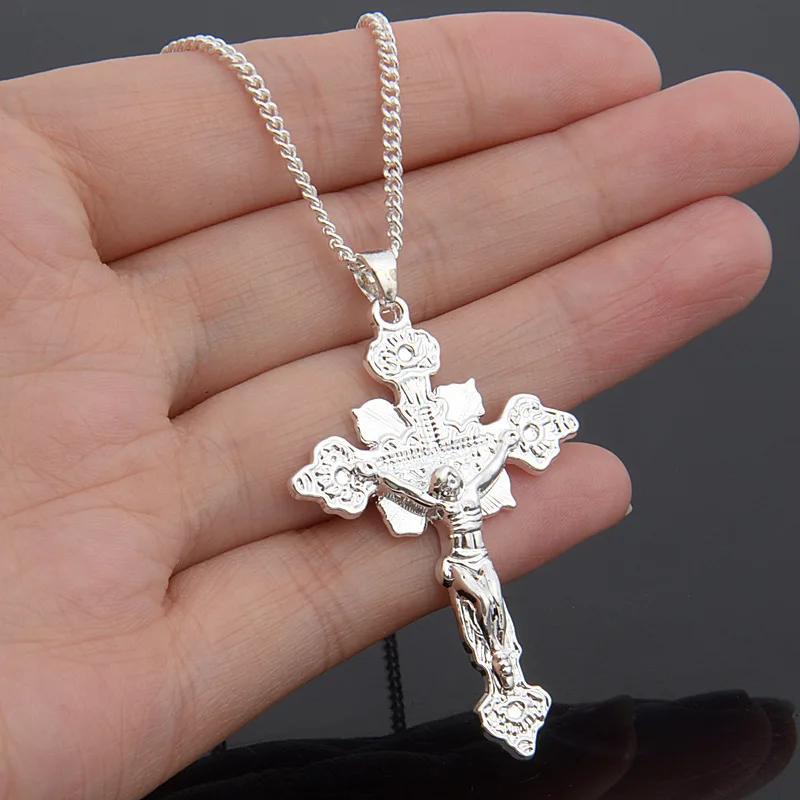

Women Men's Fashion Silver Plated Cross Jesus Pendant Necklace for Christian Religious Jewelry Anniversary Gift