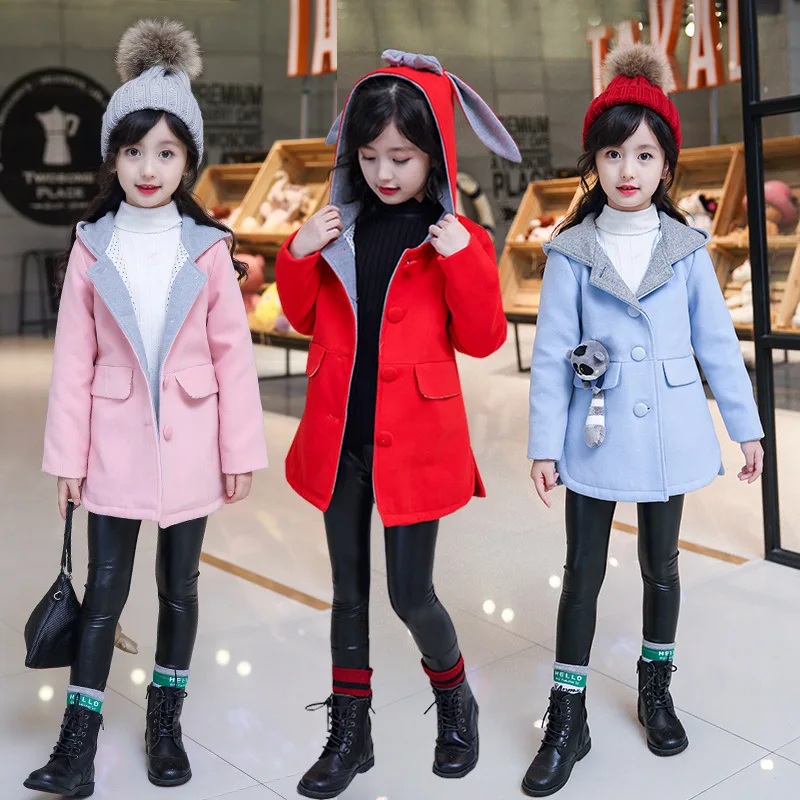 

Childrenswear Winter New Style Korean Girls Medium Thick Wool Woolen Cloth Hooded Coat Girls Rabbit Eared Cute Woolen Jacket