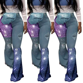 

Autumn Winter Denim Pants Women Retro Sequined Jeans Ripped Flare Trousers Skinny Casual High Waist Pant Sexy Patchwork Bottoms