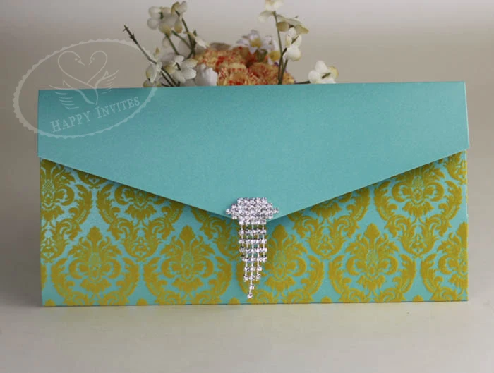HI6009-13 Customized Wedding Card in Blue with Gold Flocking Patterns More Colors Available
