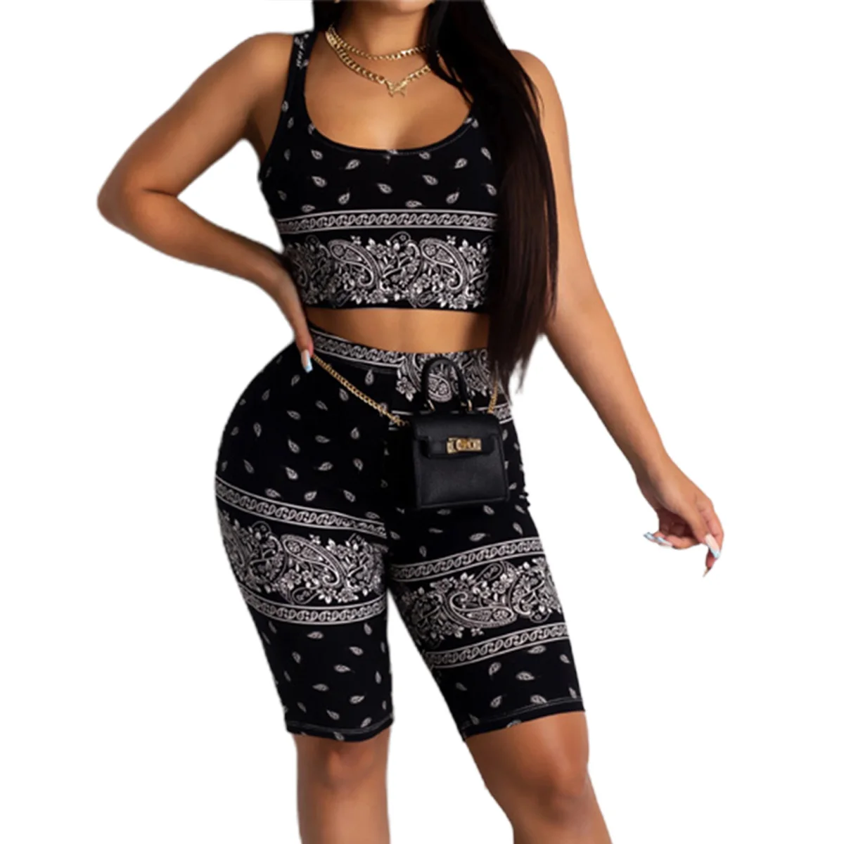 Fashion Women Set Casual Sleeveless Boho Print Suit Slim Sleeveless