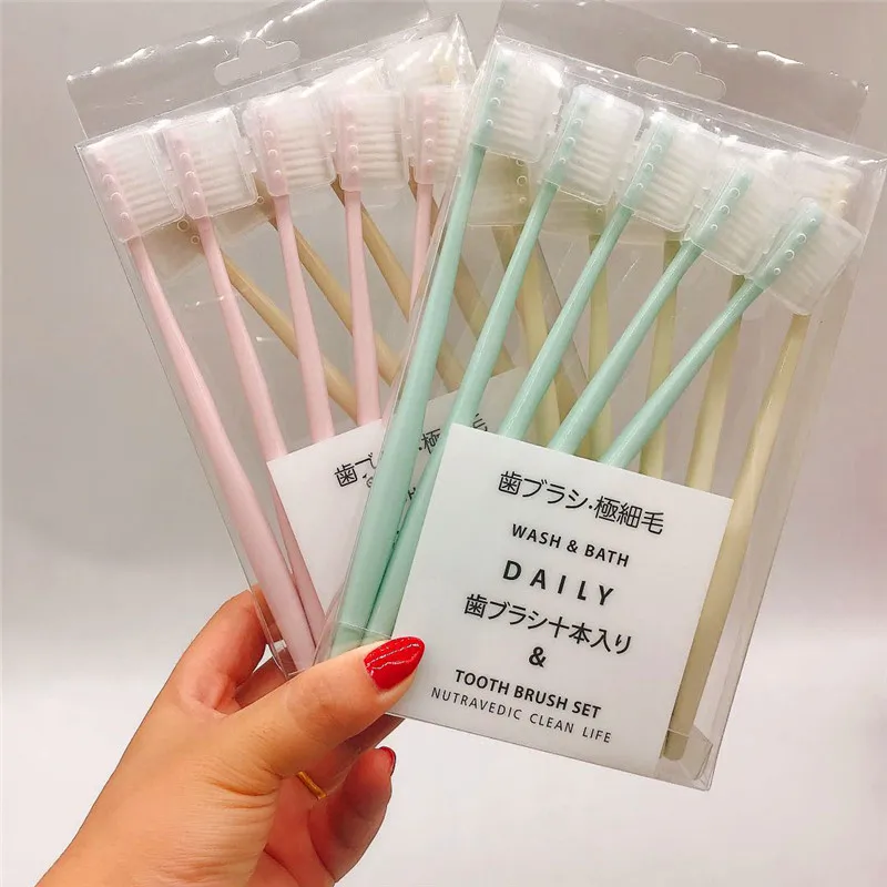 10 Piece Set Plain Color Soft Bristle Toothbrush Women's Adult with Protective Case Household Family Pack Japan Combination of E