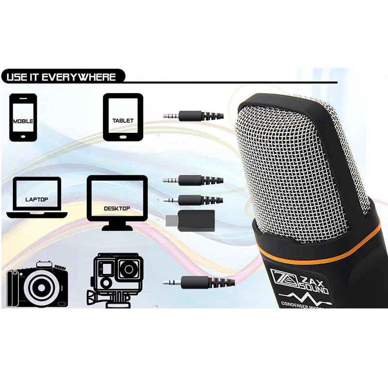 Профессиональный конденсаторный микрофон с подставкой для штатива для ноутбуков, планшетов, мобильных телефонов, ПК