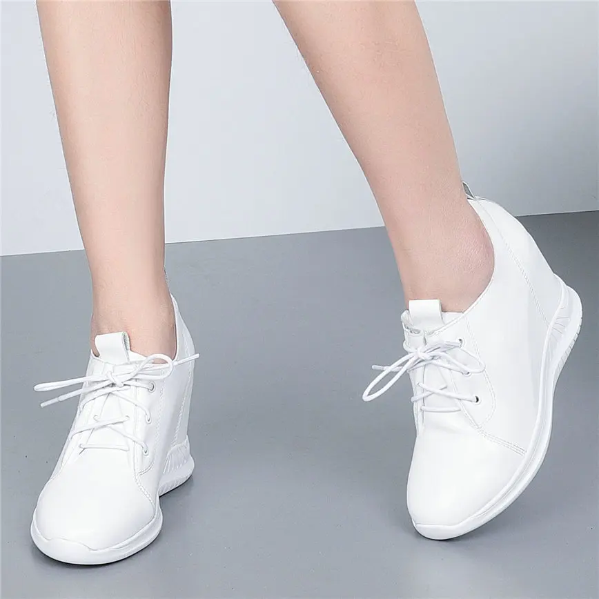Fashion Sneakers Women Genuine Leather Wedges High Heel Vulcanized Shoes Female Lace Up Round Toe Platform Trainers Casual Shoes