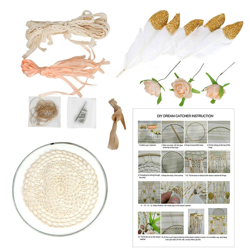 Boho Dream Catcher Feather DIY Material Kit Wall Hanging Dreamcatcher Room Decor Ivory Colors Wooden Beads