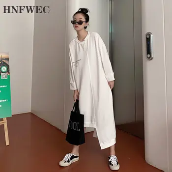 

2020 Spring New O Neck Long Sleeve Plus Size Women T Shirt Style Dress Korea Irregular Hem Print Letter Pullover Dresses T106