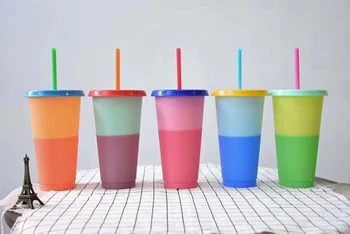 

5pcs 700ML Plastic Temperature Change Color Cups Colorful Cold Water Color Changing Coffee Cup Mug Water Bottles With Straws Set