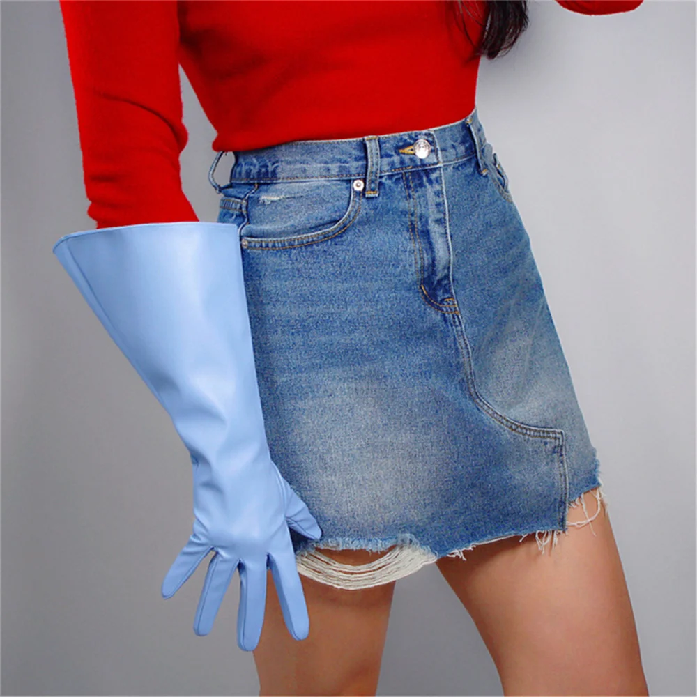 

Unisex Long Gloves 38cm Big Sleeves Puff Sleeves Simulation Leather Imitation Leather Light Blue 3-DXPU03