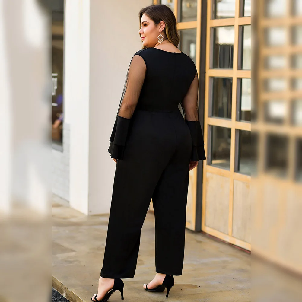 Autumn Large size Rompers Flare sleeve Sexy V Neck Womens Jumpsuit Ladies Party Regular Mesh Sleevee Club Wide Leg Pants