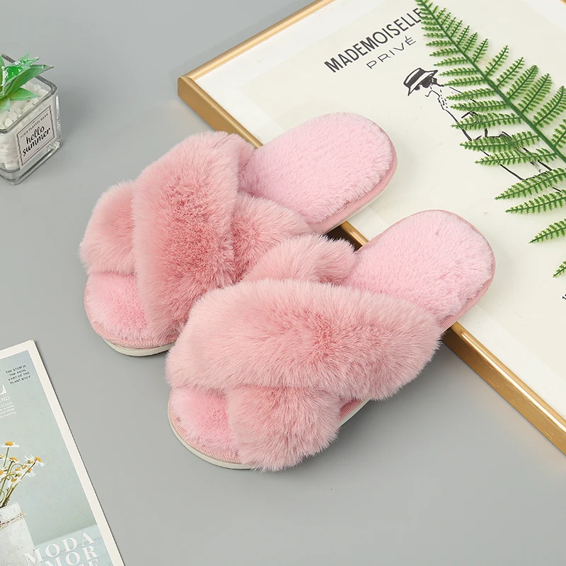 2021 New Winter Faux Fur Indoor Slippers Rabbit Plush Cross-strap Cotton Sandalias Women Flats Sandales Female Shose 
