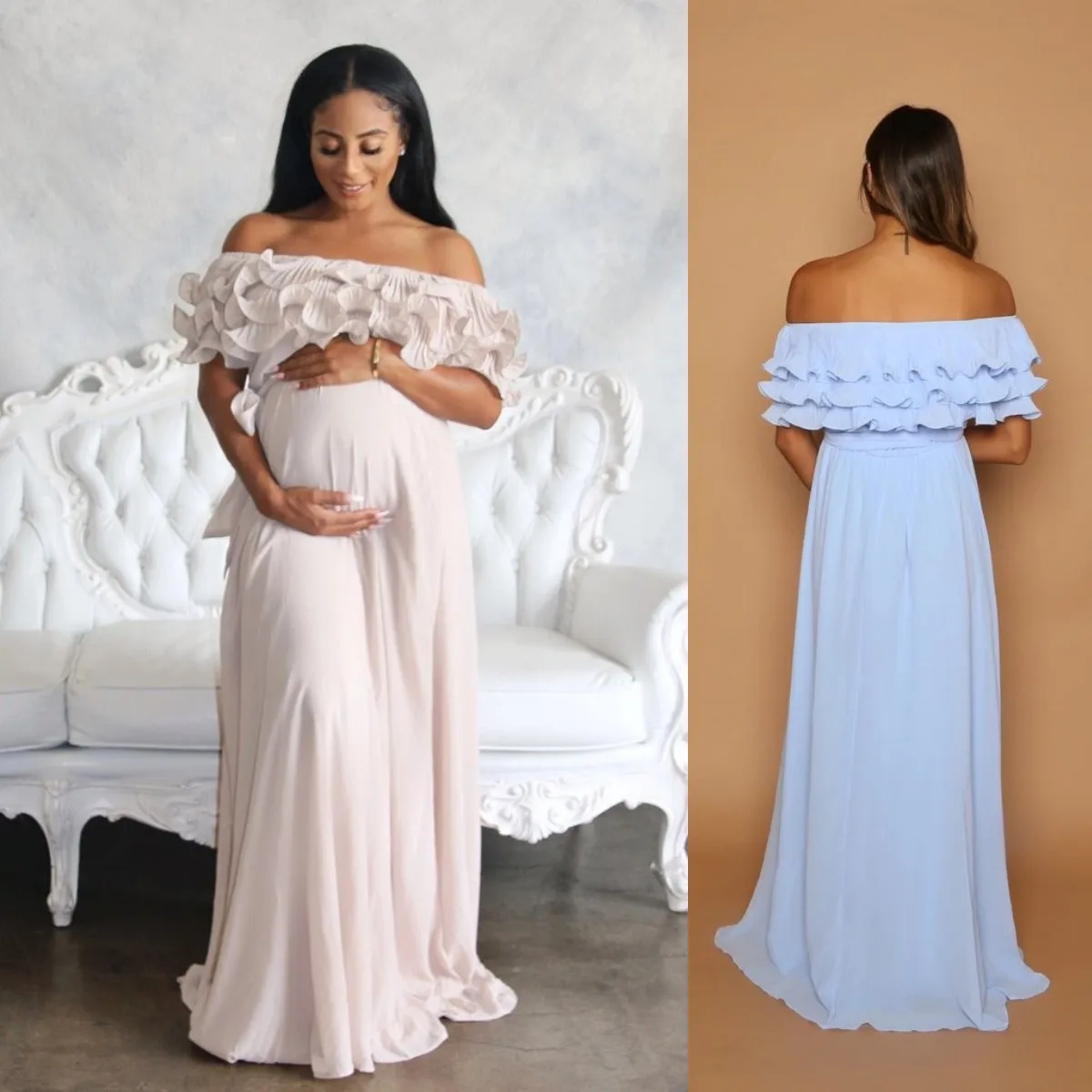 Light Taupe Maternity Ruffle shoulder Gown Baby shower Dress Bardot style