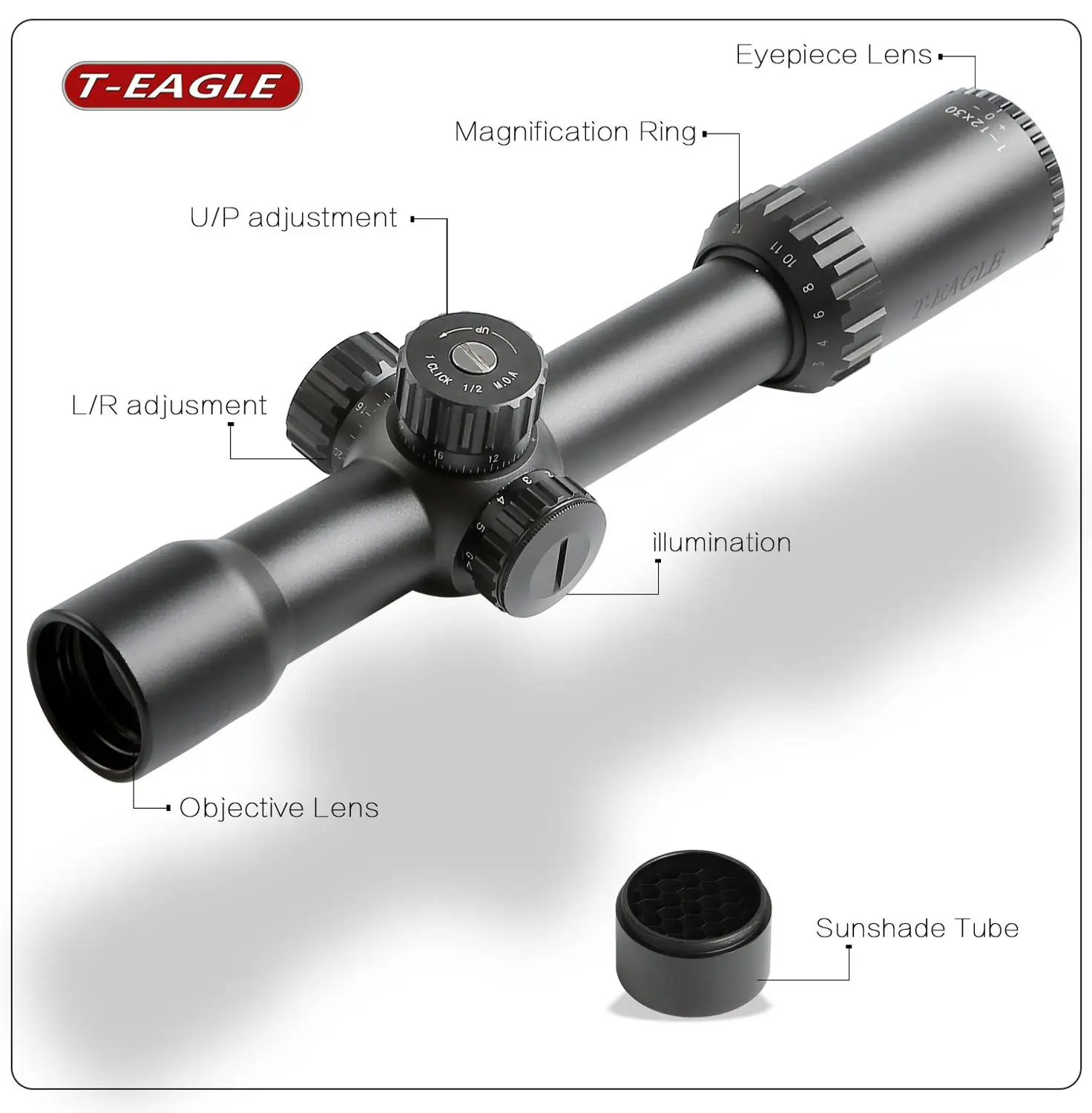 T-EAGLE 1-12X30 IR ED Riflescope тактический оптический прицел полный размер Mil-Dot красный зеленый illumilated сетка охотничий прицел