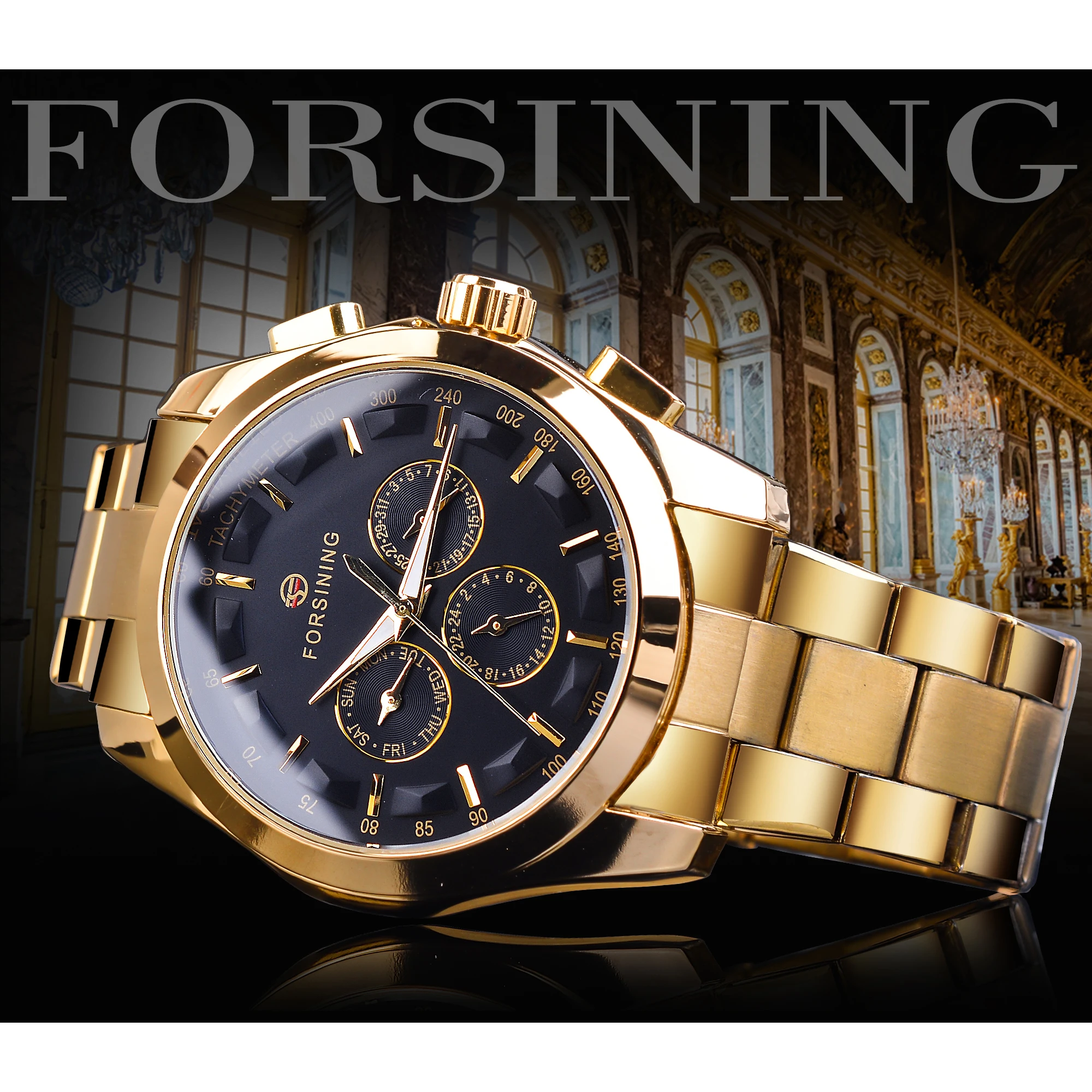 Forsining Black Business Mechanical Men Watch Automatic 3 Sub Dial Date Golden Steel Band Dress Wristwatch Clock Hour Time Reloj_voghion.com